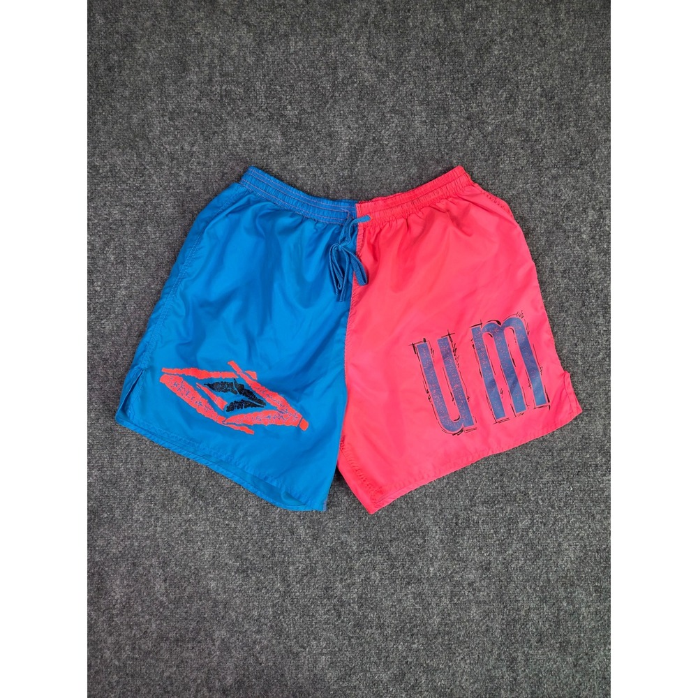 Vintage 90s Umbro Shorts Mens Large Blue Pink Colorblock Nylon Made in USA